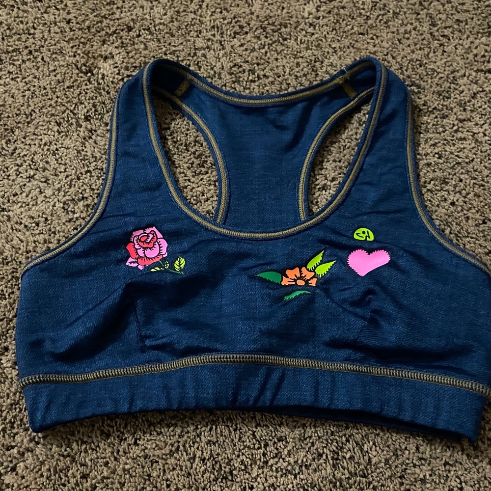 Blue Zumba Sports Bra with Floral Embroidery
